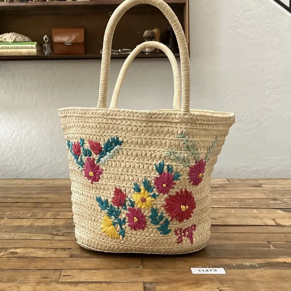 Gap Kids Paper Beach Tote Bag Handbag One Size Embroidered Floral Natural